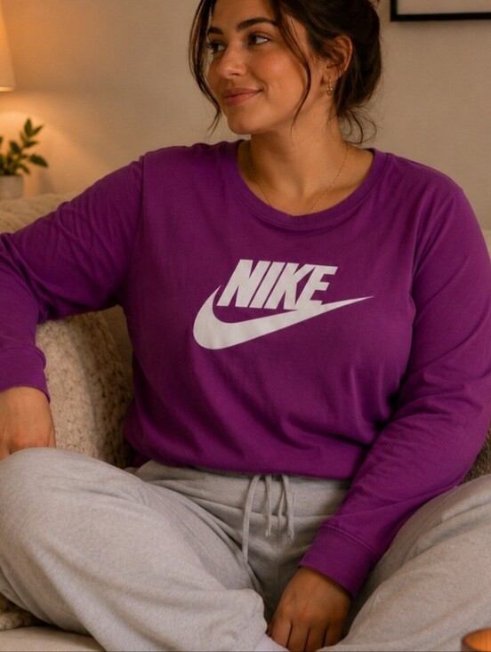 Nike Tops - The Nike Tee Women's Size 1X Long Sleeve Plum Spellout Cotton Active Casual